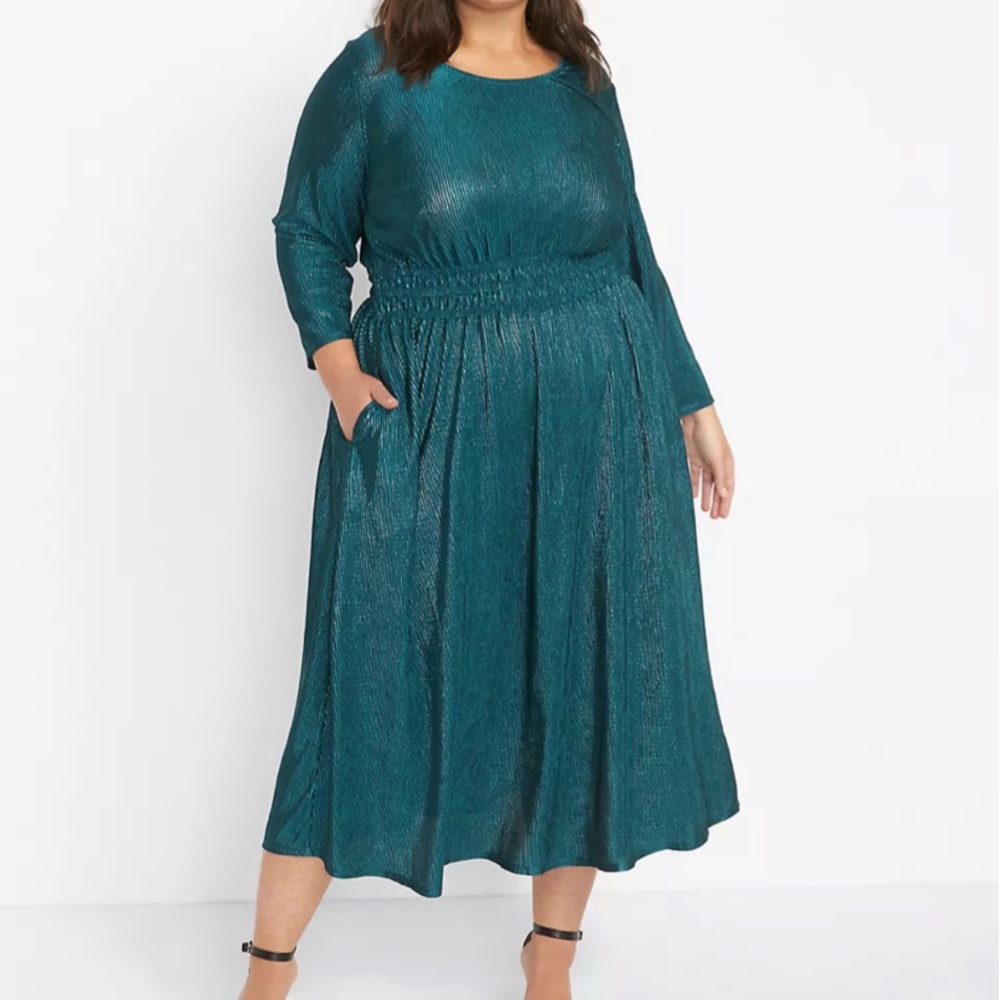 3/4-Sleeve Midi Dress With Elastic Waist In Deep Teal